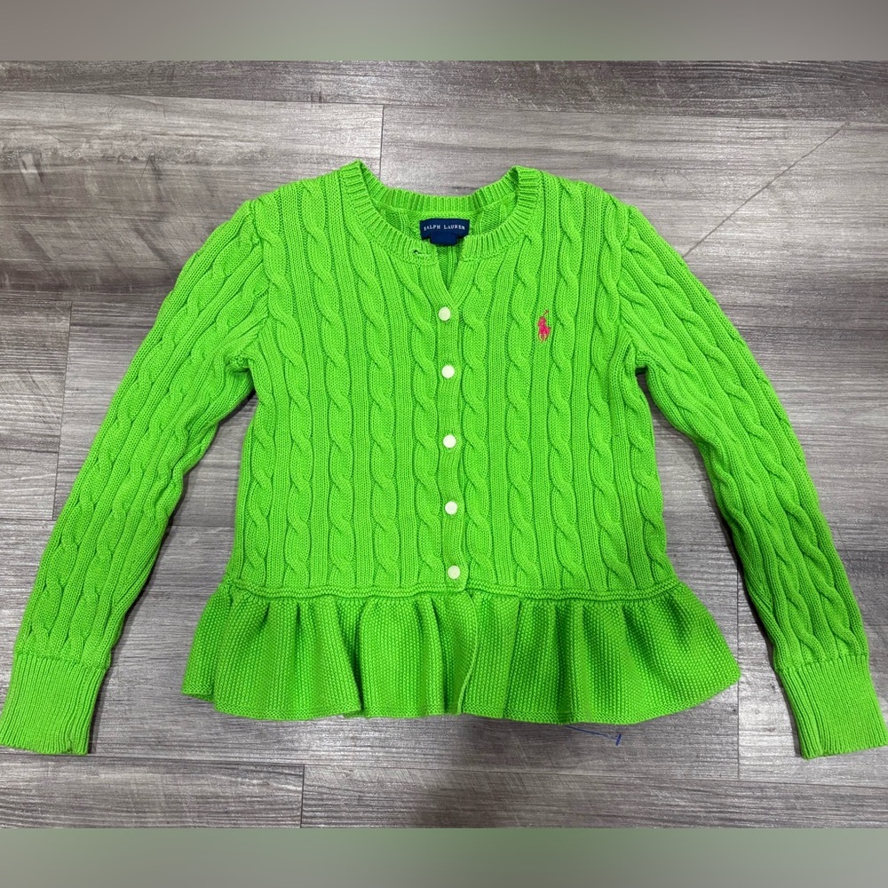 Ralph Lauren Girls 7 Cable Knit Ruffle Peplum Sweater Neon Green